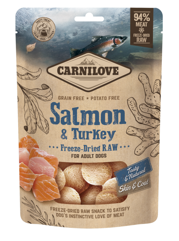 Carnilove salmon and turkey freeze-dried raw dog food package on a white background