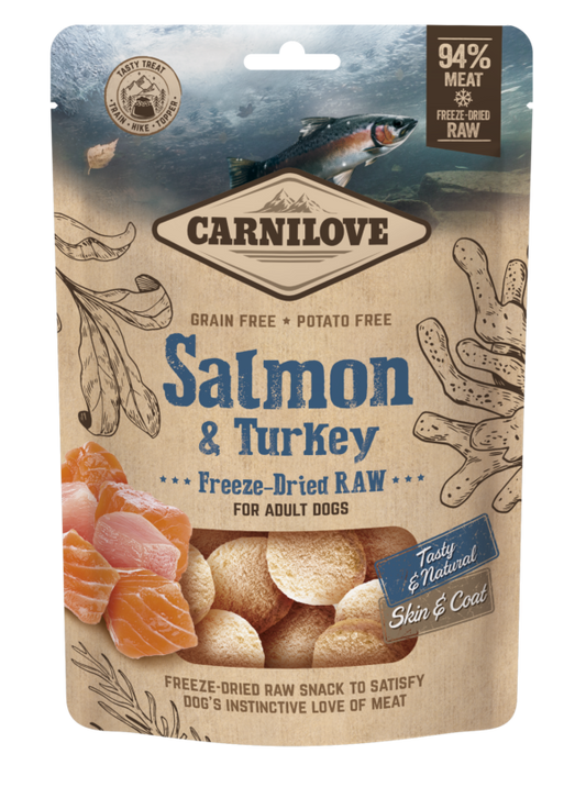 Carnilove salmon and turkey freeze-dried raw dog food package on a white background